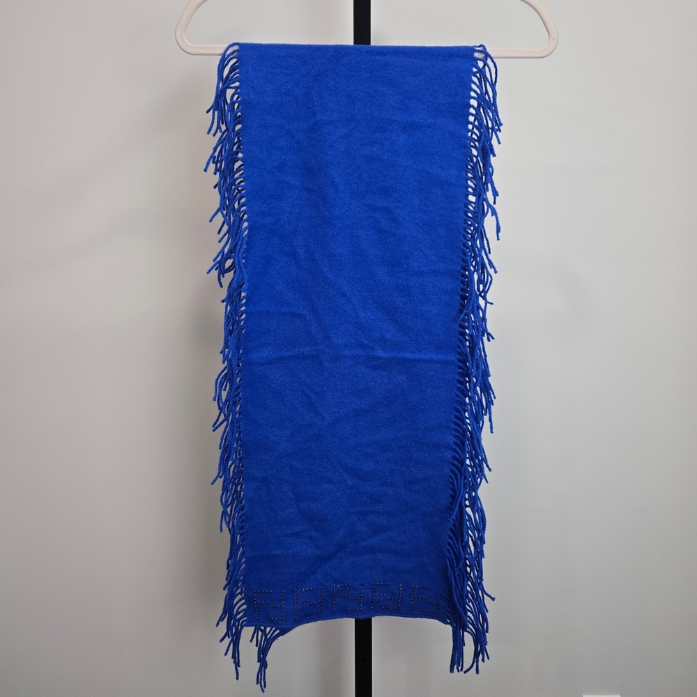 Fendi Scarf Royal Blue 100% Wool Studded Zucca Logo Grommet Fringe Italy Gift